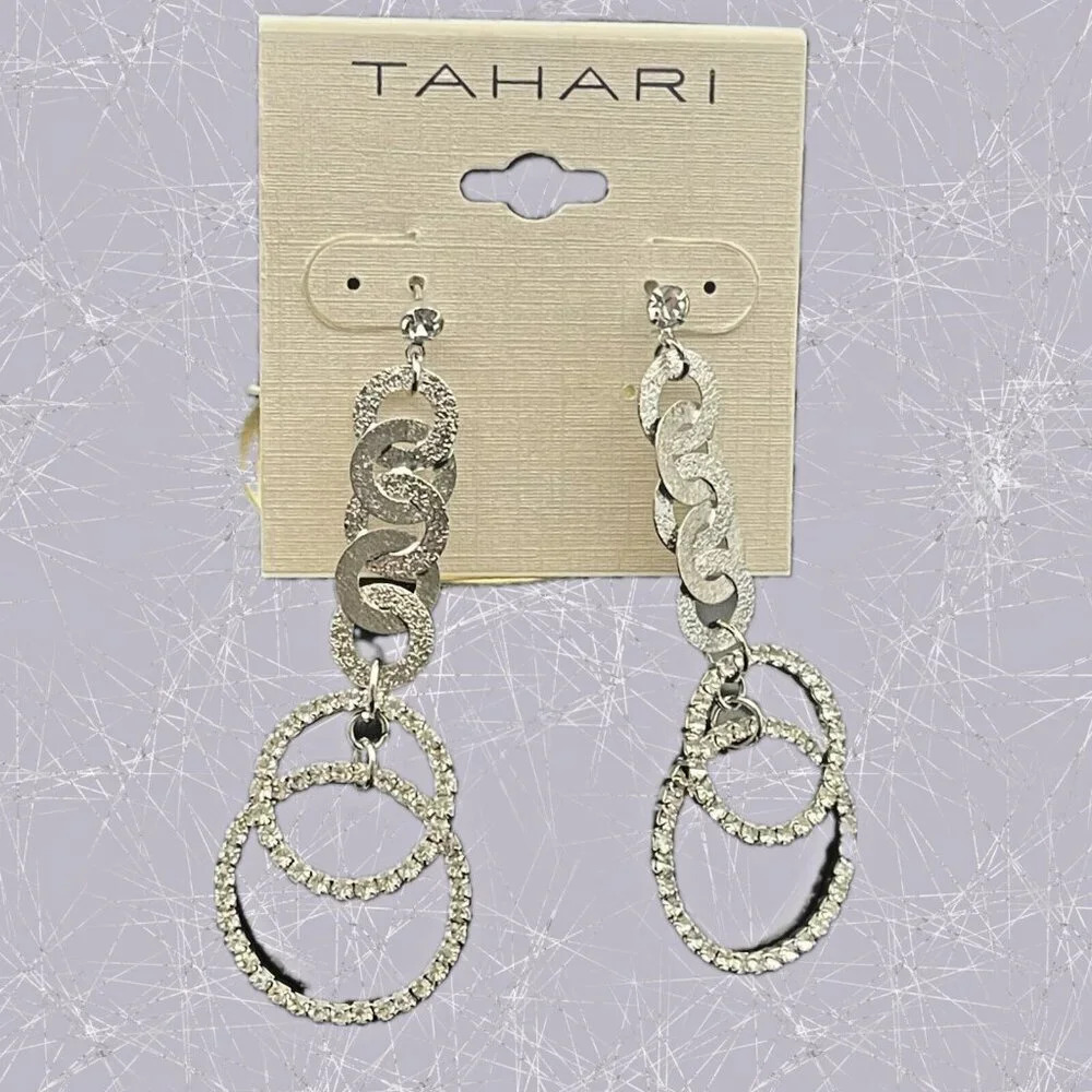 Tahari Silver Pave Crystal Textured Interlocking Circles Double Hoop Earrings